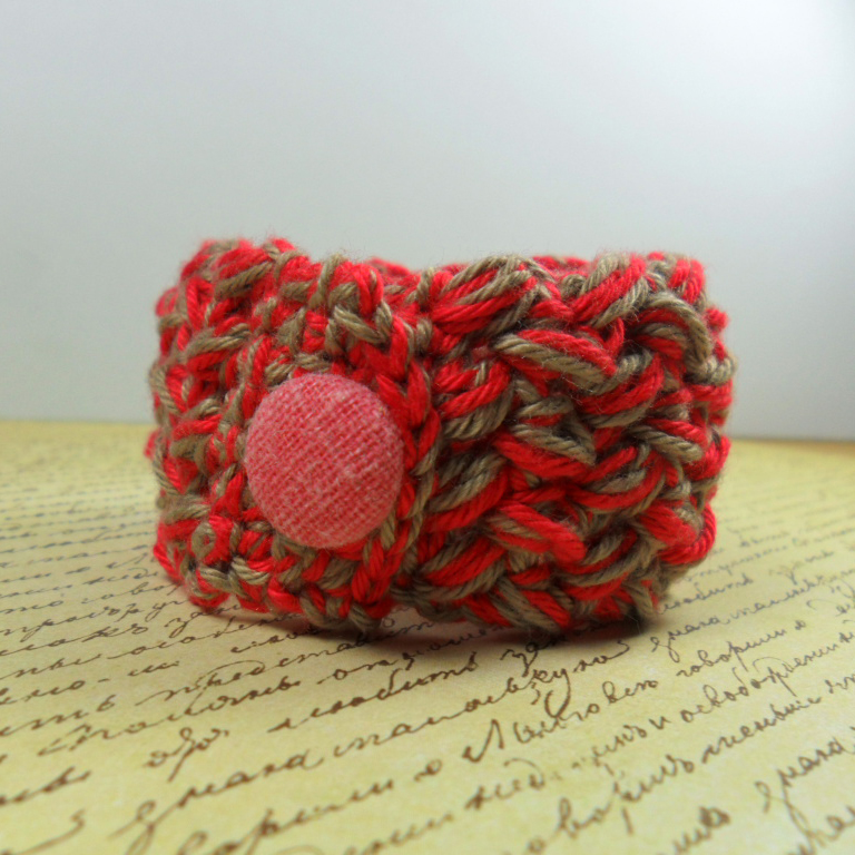 Handmade Crochet Bracelet - Red & Beige